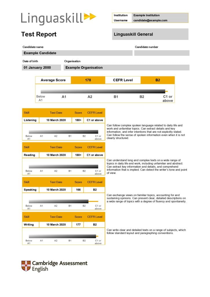 劍橋領思英檢成績單範本 cambridge linguaskill test report