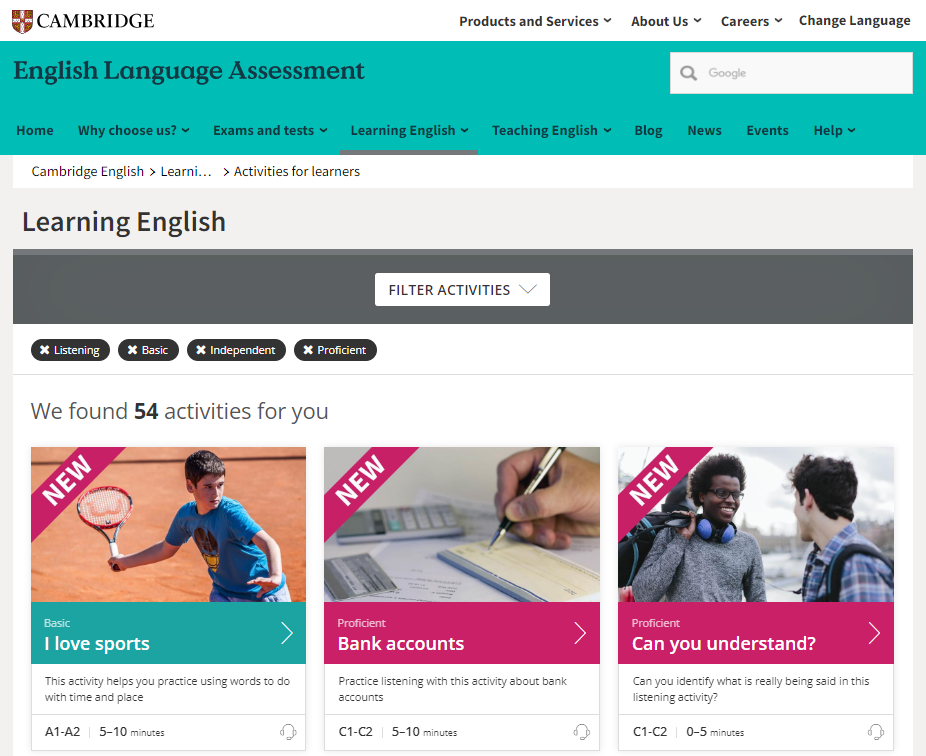 劍橋免費線上聽力練習活動