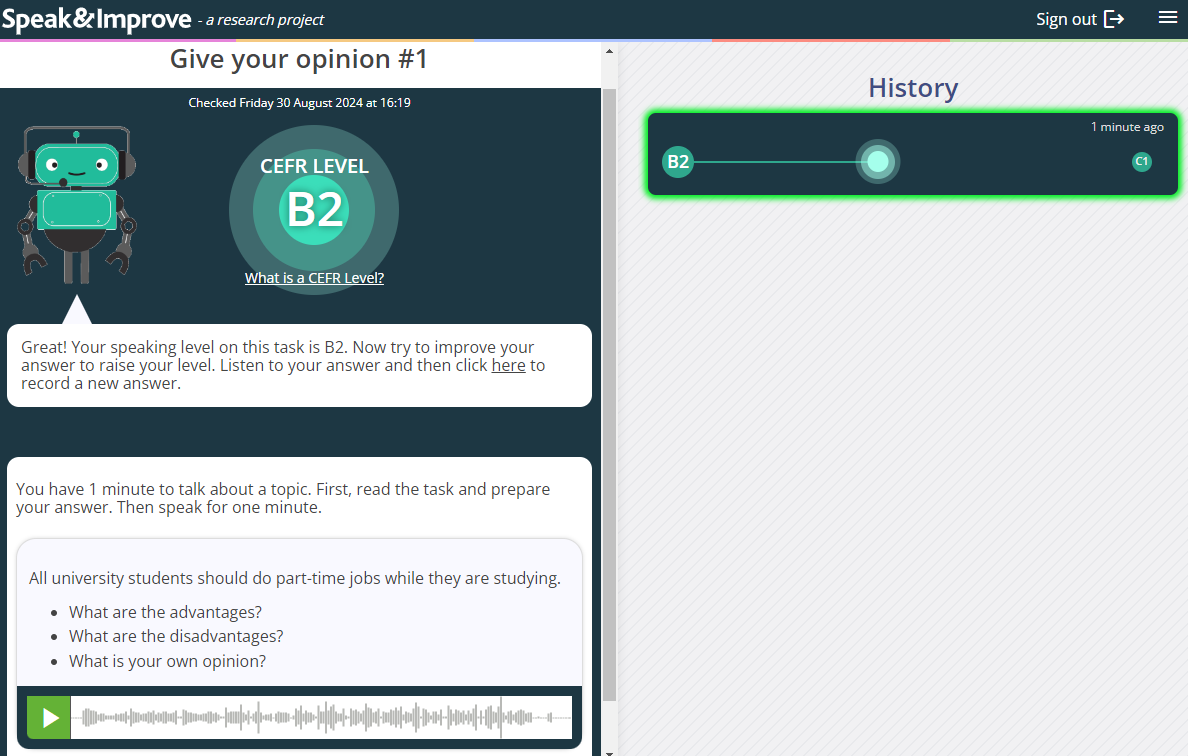 劍橋領思口說加強 speak & improve ai自動批改給分